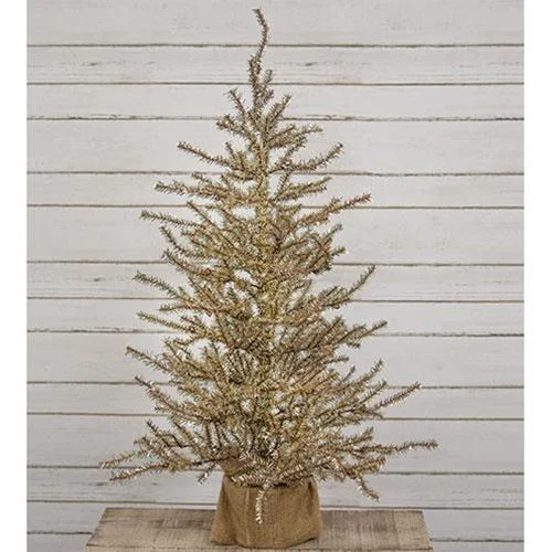 Antiqued Silver Tinsel Tree w/Burlap Base 4ft