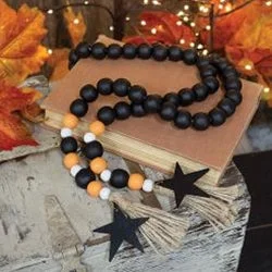 Black Orange & White Bead Garland w/Star Tags