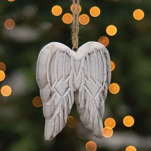 Carved Distressed White Wood Angel Wings Ornament