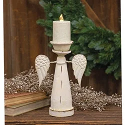 Distressed White Metal Snowy Angel Pillar Holder