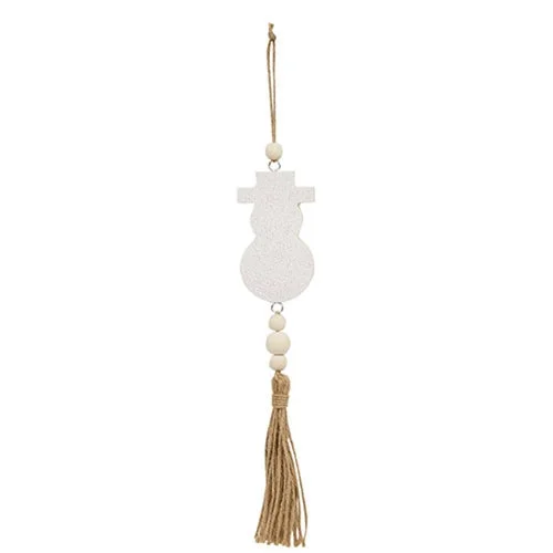 *Glittered White Snowman Beaded Wood Ornament with Tassel