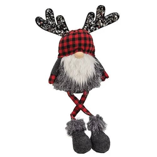 Red & Black Buffalo Check Reindeer Dangle Leg Gnome