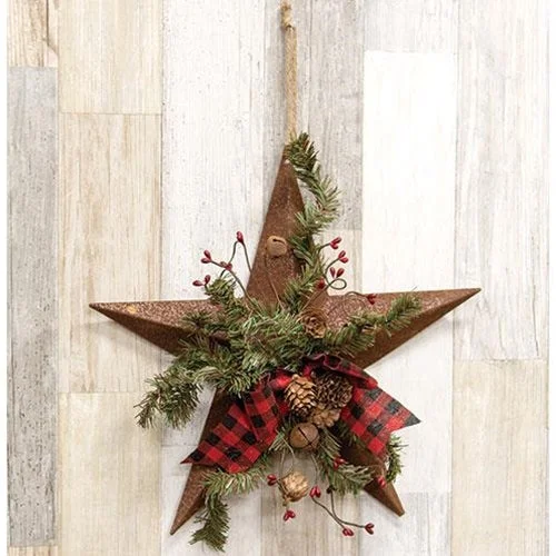 Rusty Metal Woodland Pine Star w/Ribbon