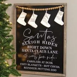 Santa's Sleigh Rides Stocking Beaded Wood Sign