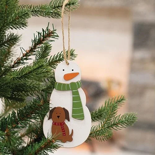 Snowman With Dog Wooden Ornament