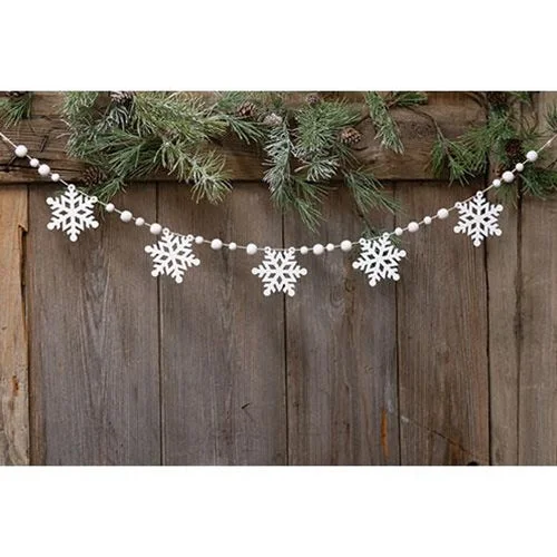 White Beaded Wooden Snowflake Cutout Garland