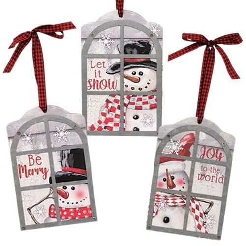 Wood/Galvanized Snowman Window Pane Ornament 3 Asstd.