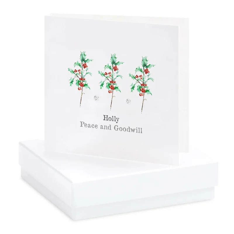 Boxed Christmas Holly Sterling Silver Stud Earrings on Card