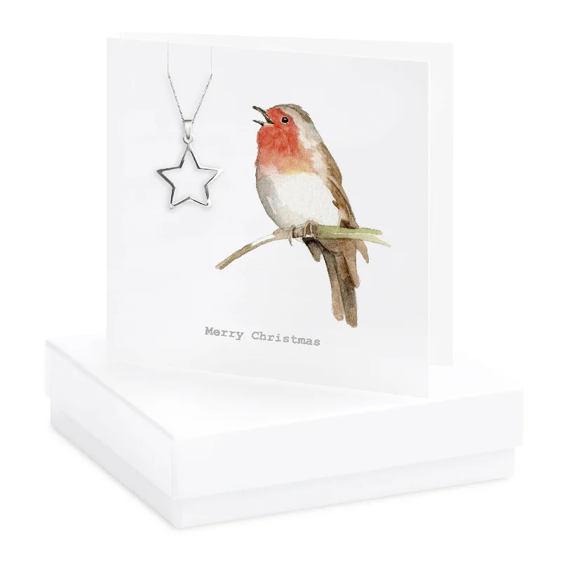 Gift Set Sterling Silver Star Pendant Necklace with Gift Box and Robin Christmas Card