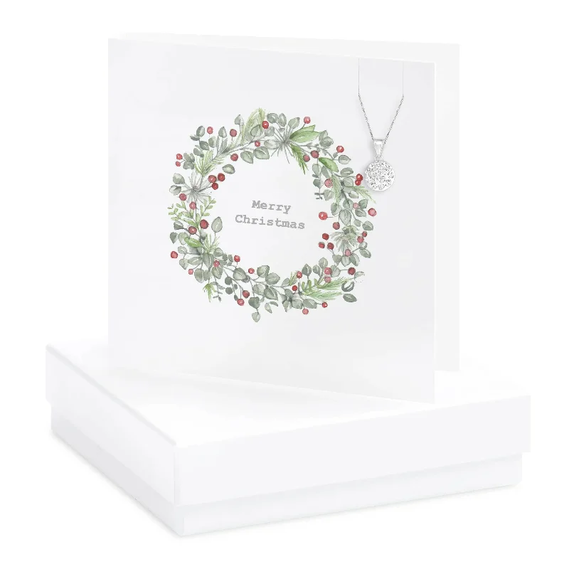 Sterling Silver Christmas Pendant Necklace with CZ - Gift Set with Gift Box and Wreath Card