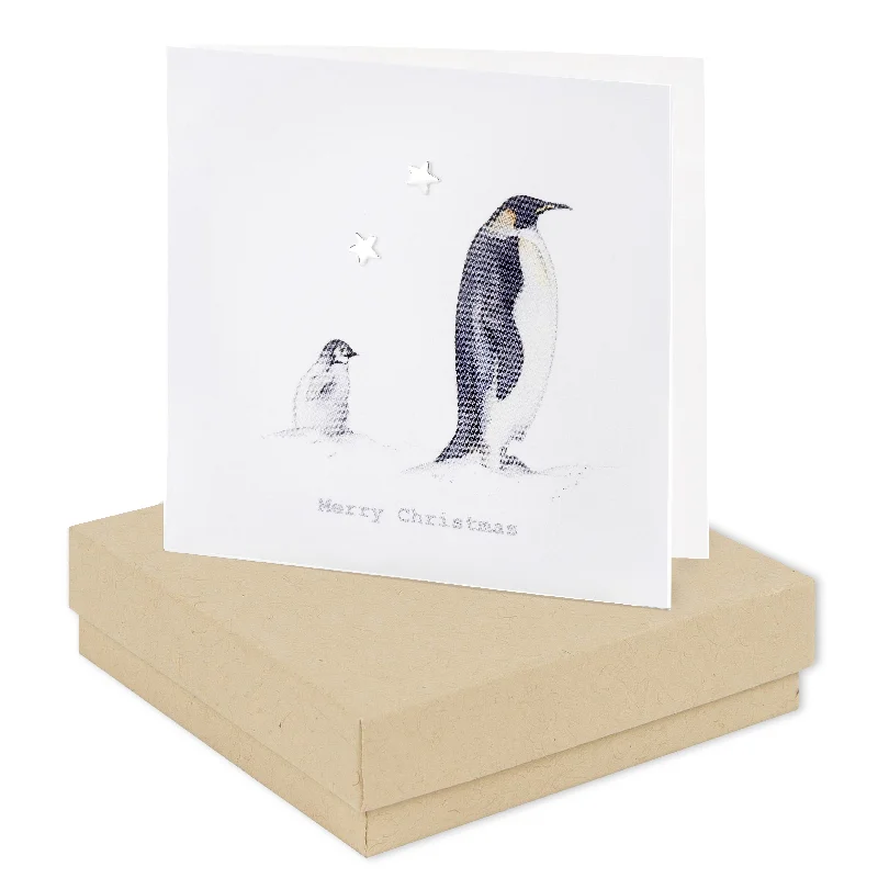 Penguin Merry Christmas Sterling Silver Star Stud Earrings on Card - Gift Box Included