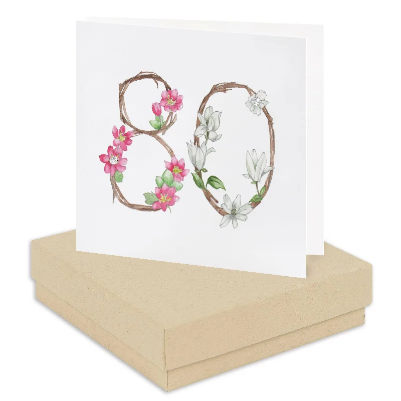 Sterling Silver Stud Earrings on 80th Floral Birthday Card - Boxed Card and Gift