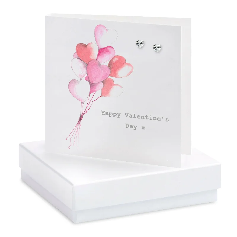 Valentine Love Balloons Card - Crystal Heart Stud Earrings - Sterling Silver Boxed Card