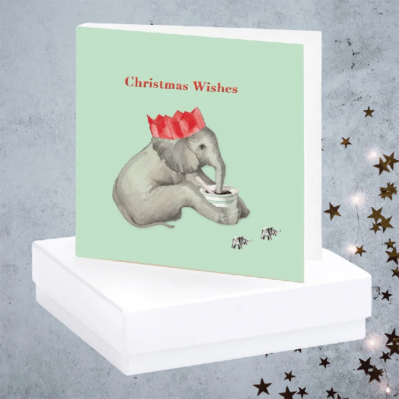 Christmas Elephant Sterling Silver Stud Earrings on Boxed Card - Festive Holiday Gift