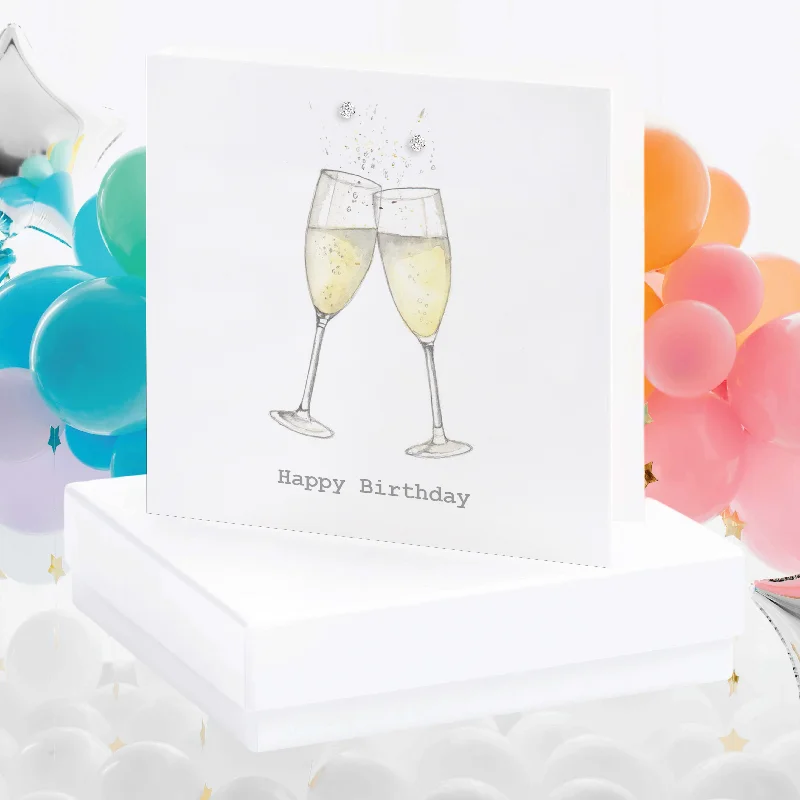 Sterling Silver Crystal Stud Earrings - Boxed Champagne Glasses Card included - Unique Birthday Gifting Idea