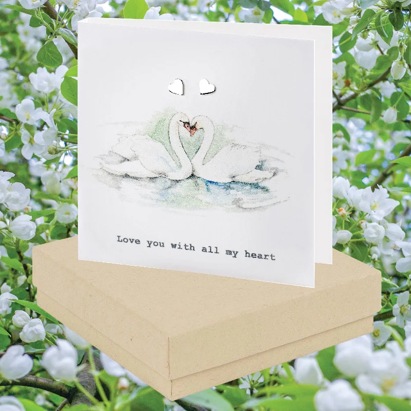 Sterling Silver Heart Stud Earrings in Gift Box with Swan Card - Perfect for Any Occasion