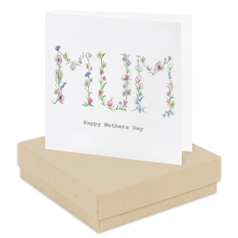 Floral Mum Happy Mothers Day Card with Sterling Silver Stud Earrings in Box - Perfect Gift