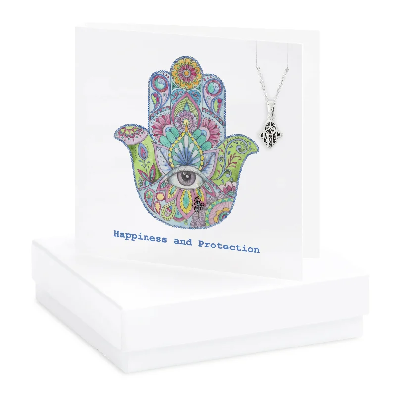 Sterling Silver Hamsa Pendant Necklace - Unique Gift Set for Protection and Luck - Gift Box and Greeting Card Included