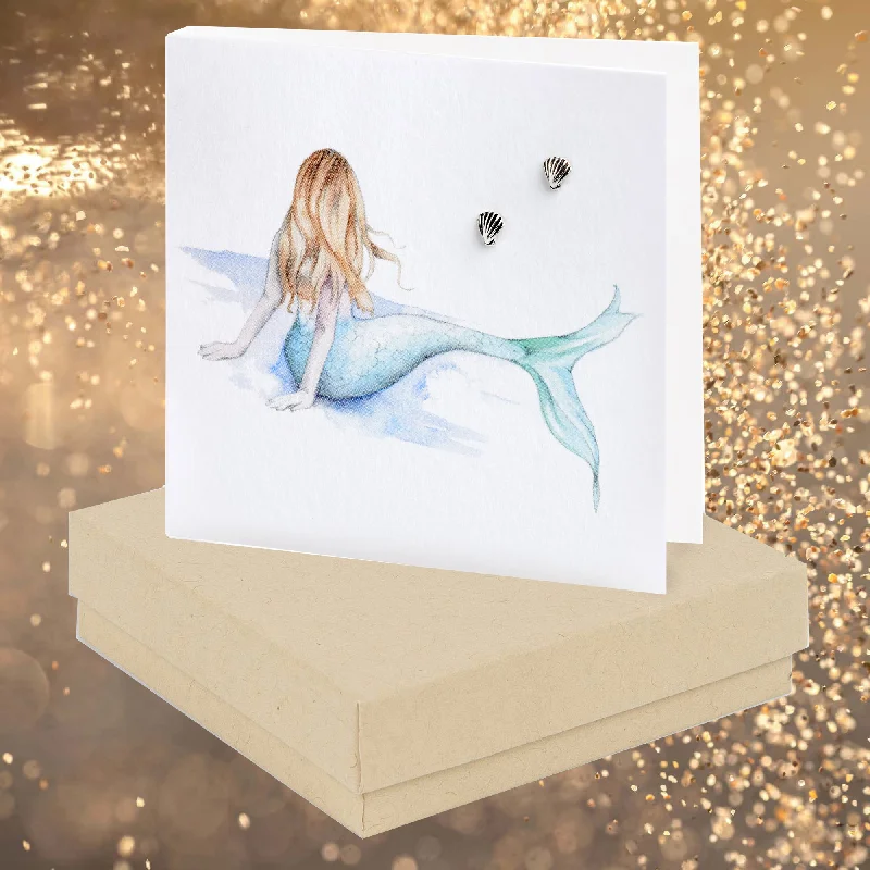 Shell Sterling Silver Stud Earrings - Boxed Mermaid Card - Gifts for Girls