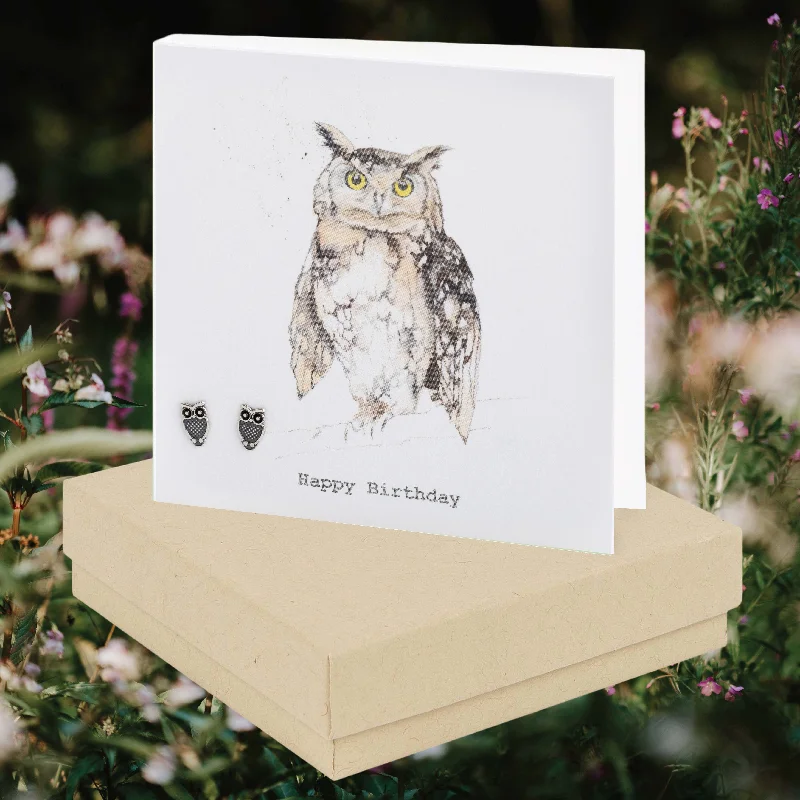 Sterling Silver Owl Stud Earrings in Box - Birthday Card Included