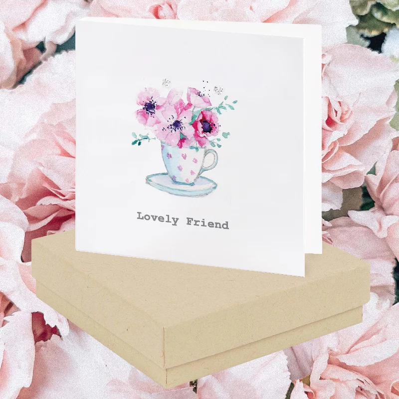 Boxed Lovely Friend Teacup Card and Sterling Silver Stud Earrings - Perfect Gift for Your Bestie