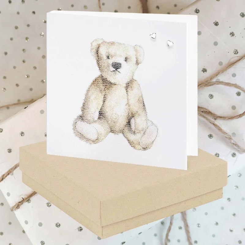 Sterling Silver Heart Stud Earrings and Boxed Teddy Card - Perfect for Gifting